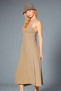 Vestido Linen Olive Maxi Straps Pockets Elisa