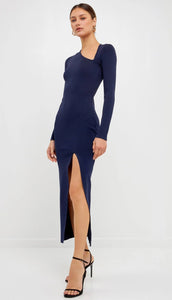 Vestido Ribbed Navy Cut Out Manga Larga