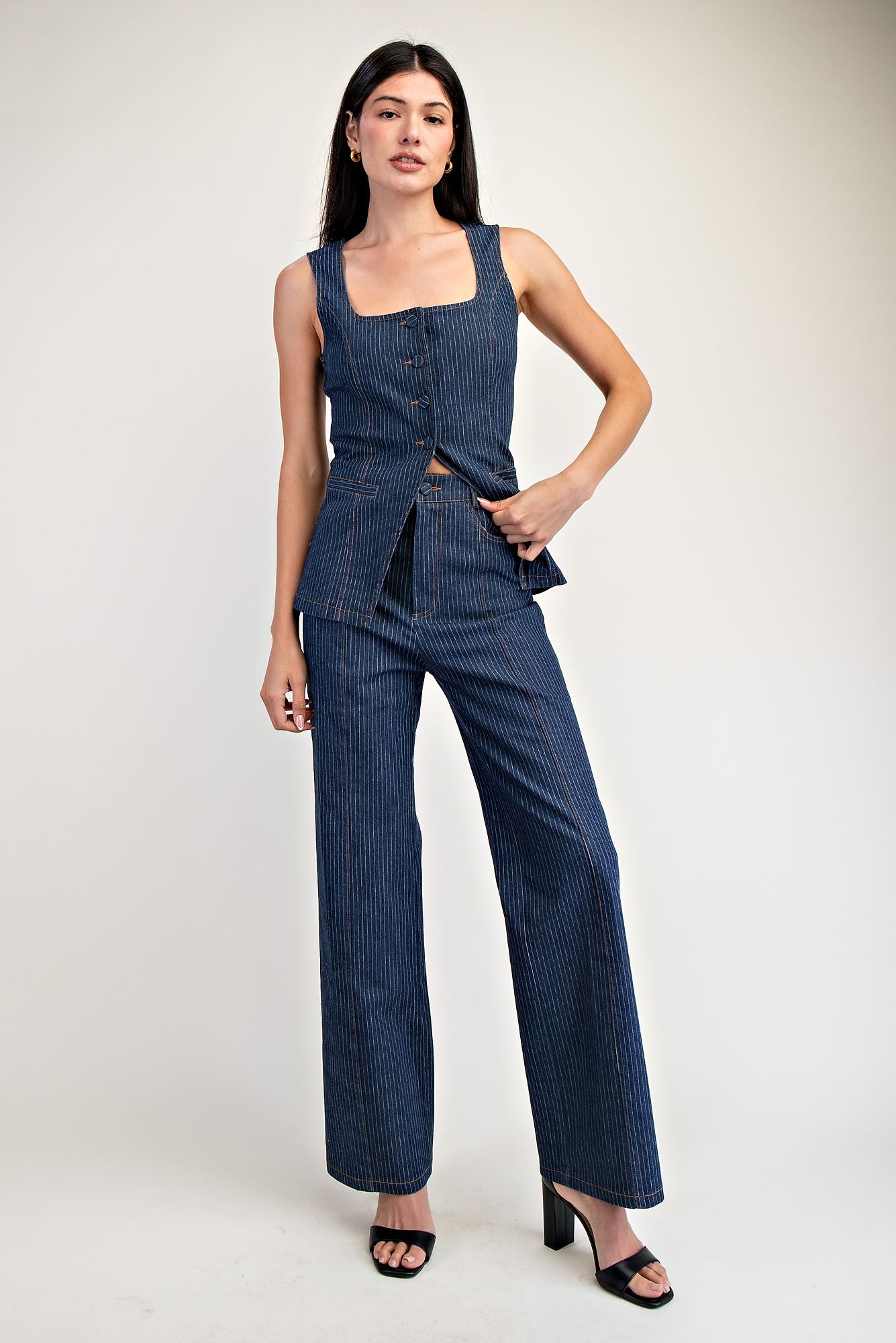 Set Denim Pinstripe Chaleco/Pantalon Olivia