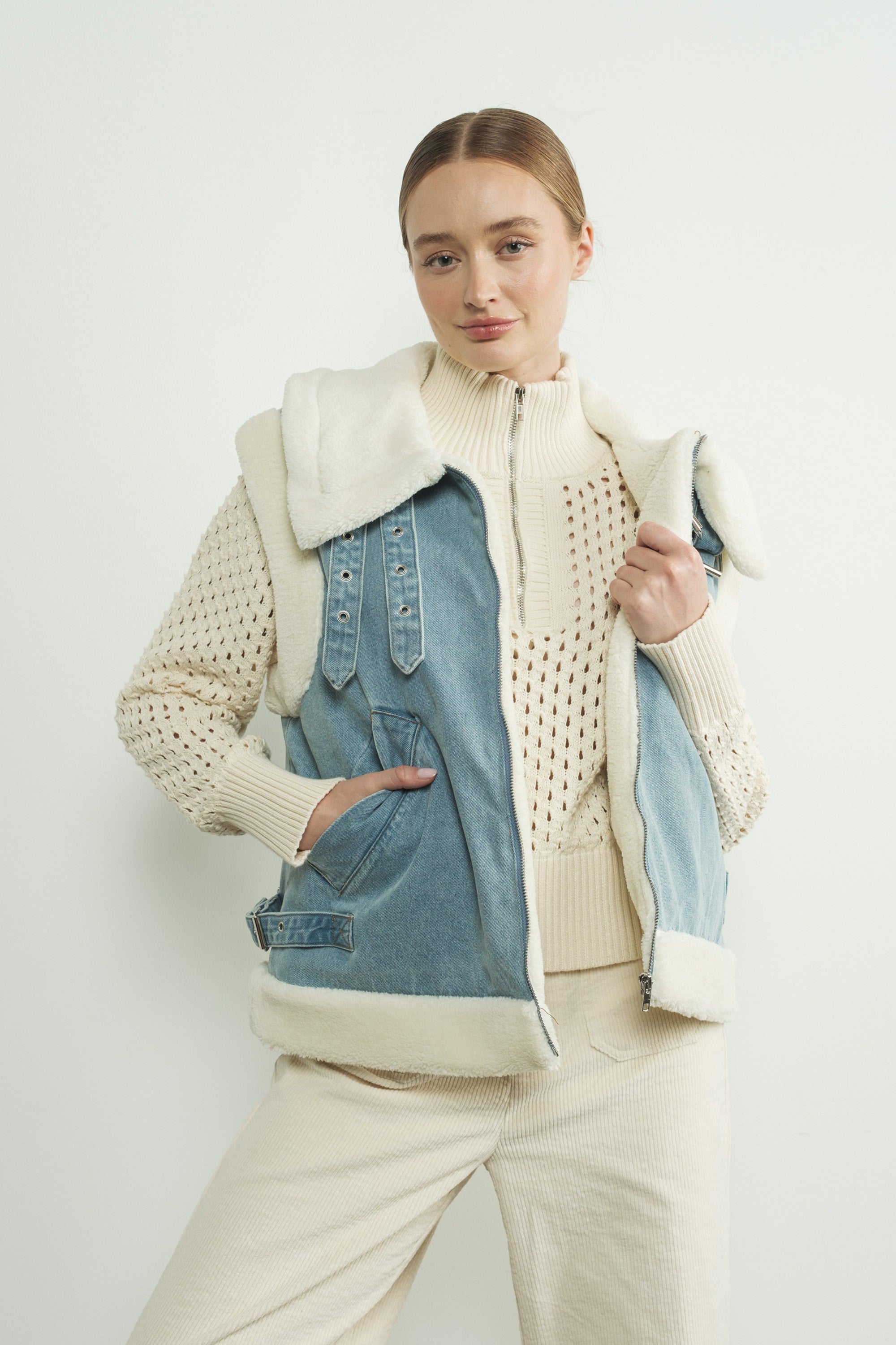Chaleco Biker Denim Sherpa Bee