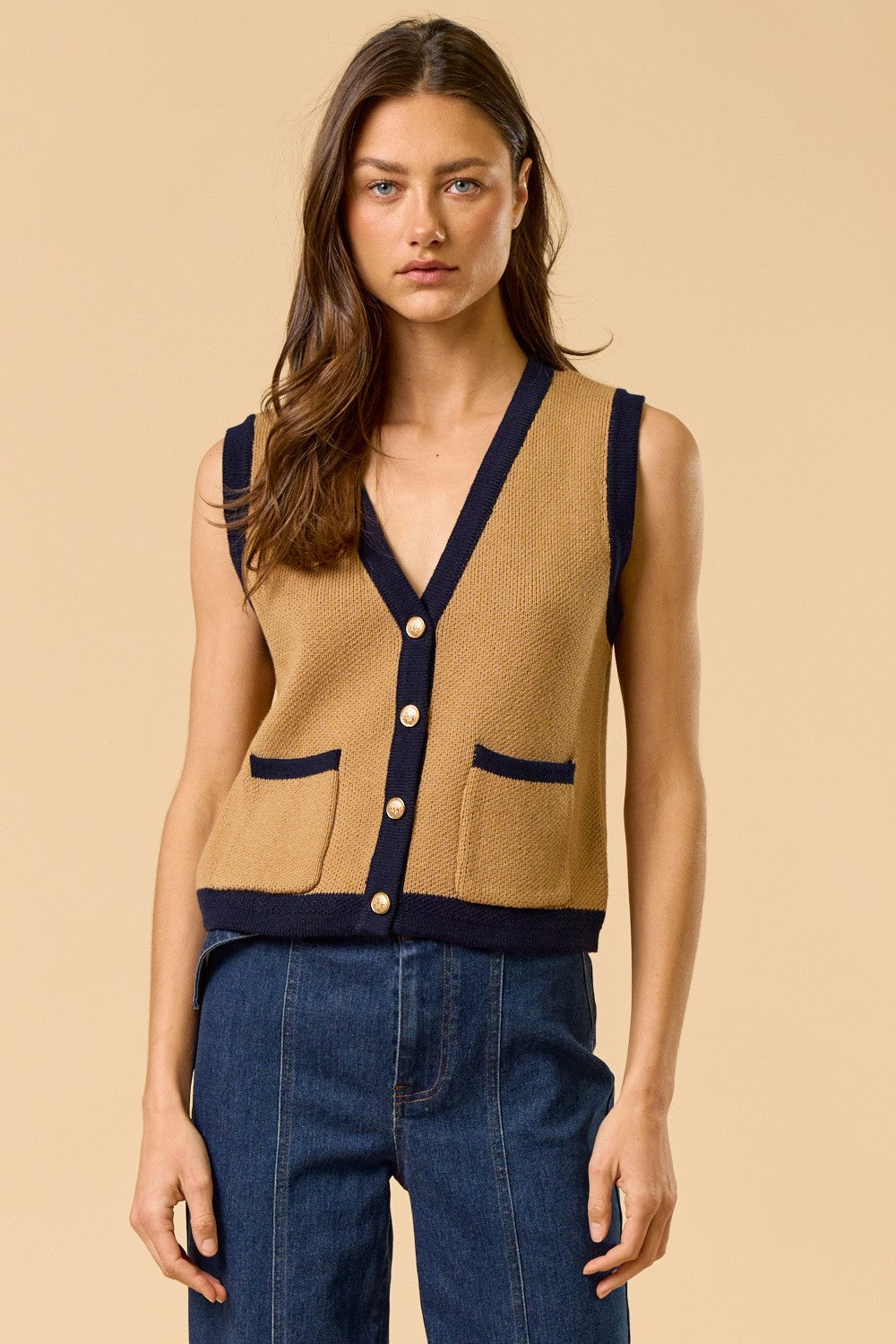 Chaleco Knit Color Block Camel Roció