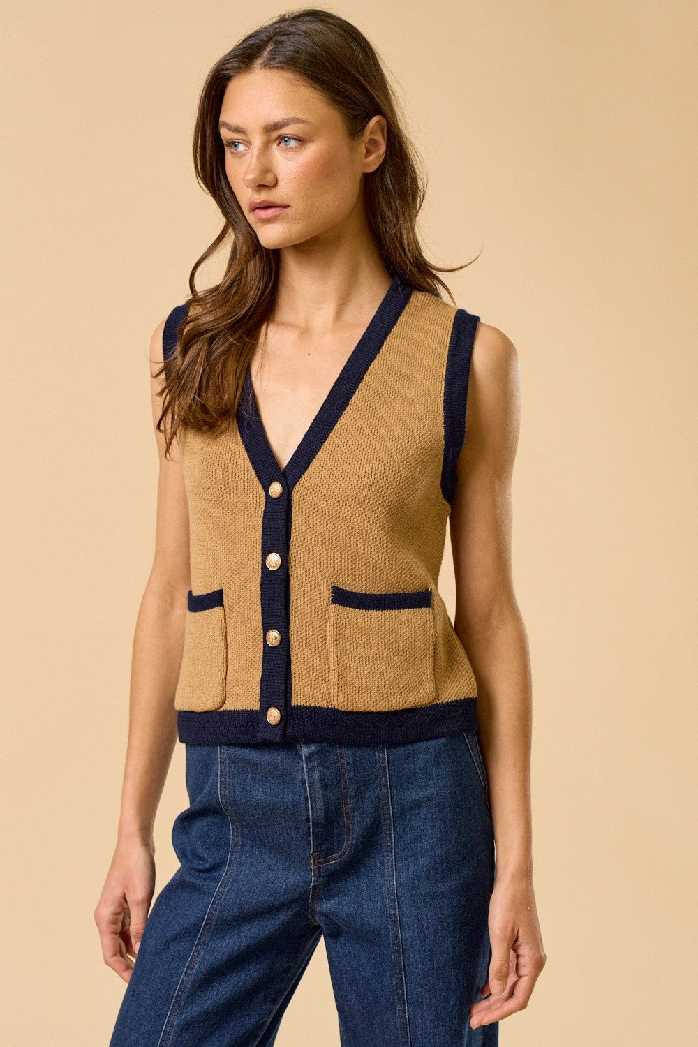 Chaleco Knit Color Block Camel Roció