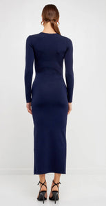 Vestido Ribbed Navy Cut Out Manga Larga