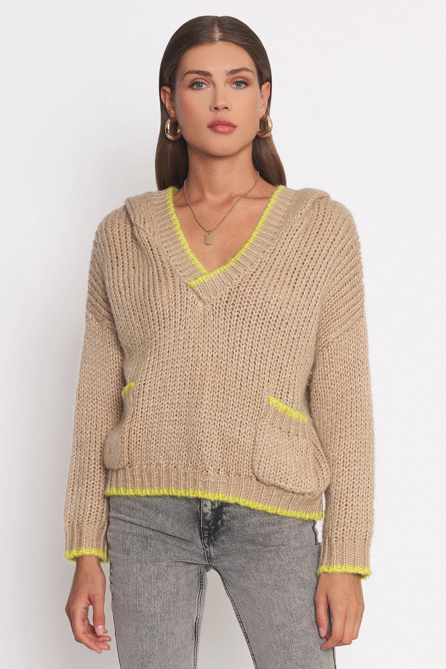 Suéter Knit Hoodie Beige Contrast Frances