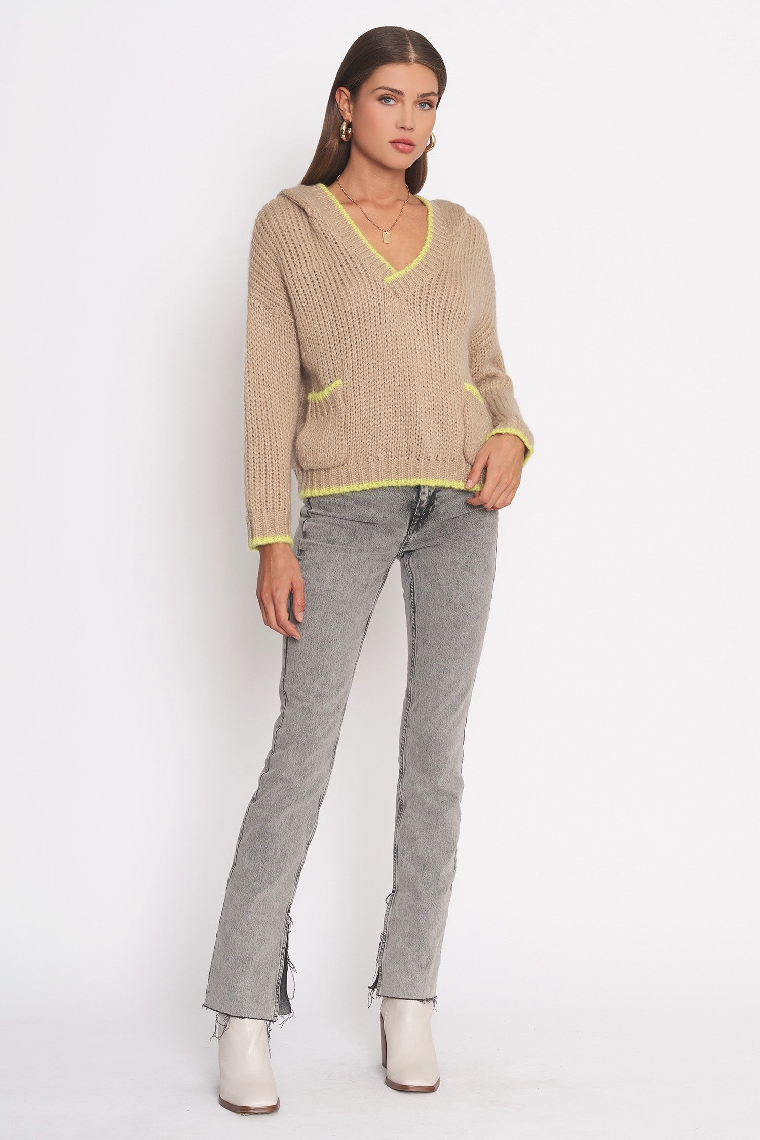 Suéter Knit Hoodie Beige Contrast Frances