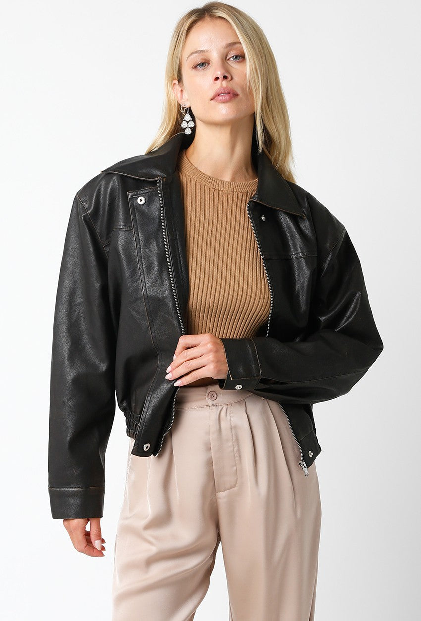 Chaqueta Cuero Bomber Dark Marrón Geri