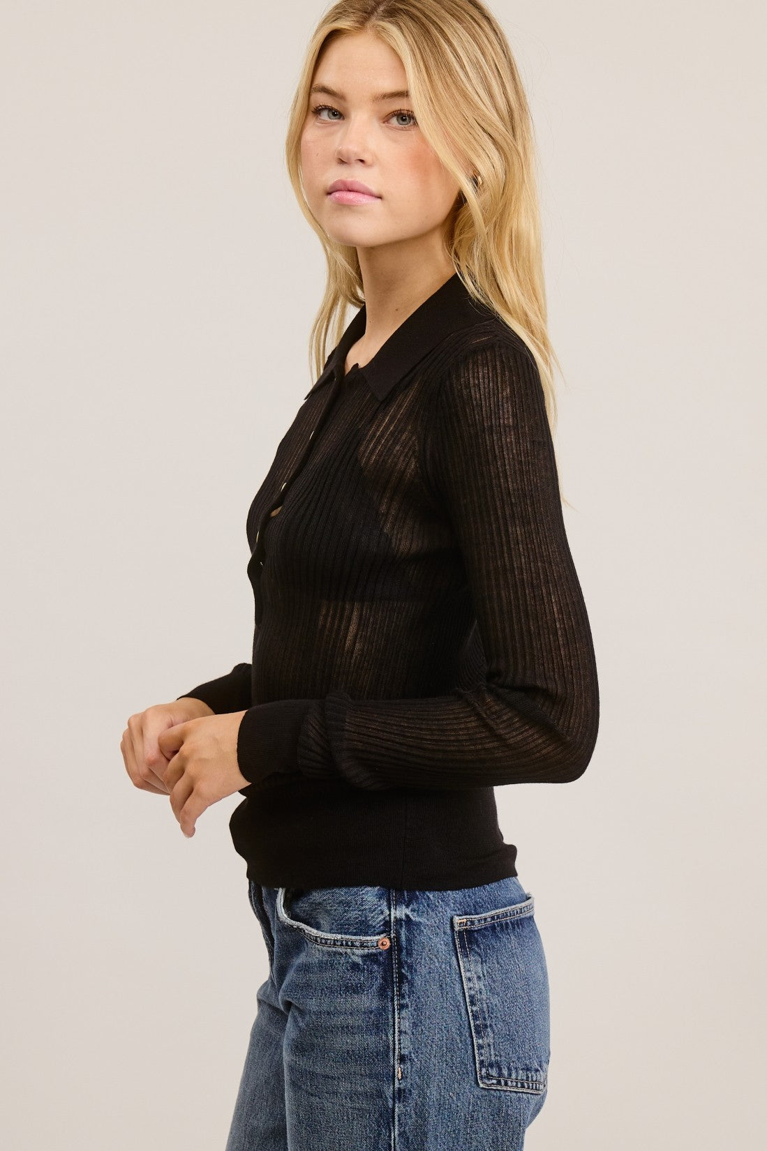 Top Polo Knit Sheer Negro Morella