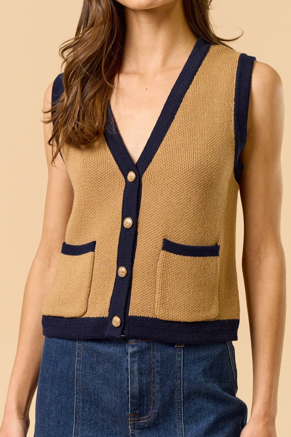 Chaleco Knit Color Block Camel Roció