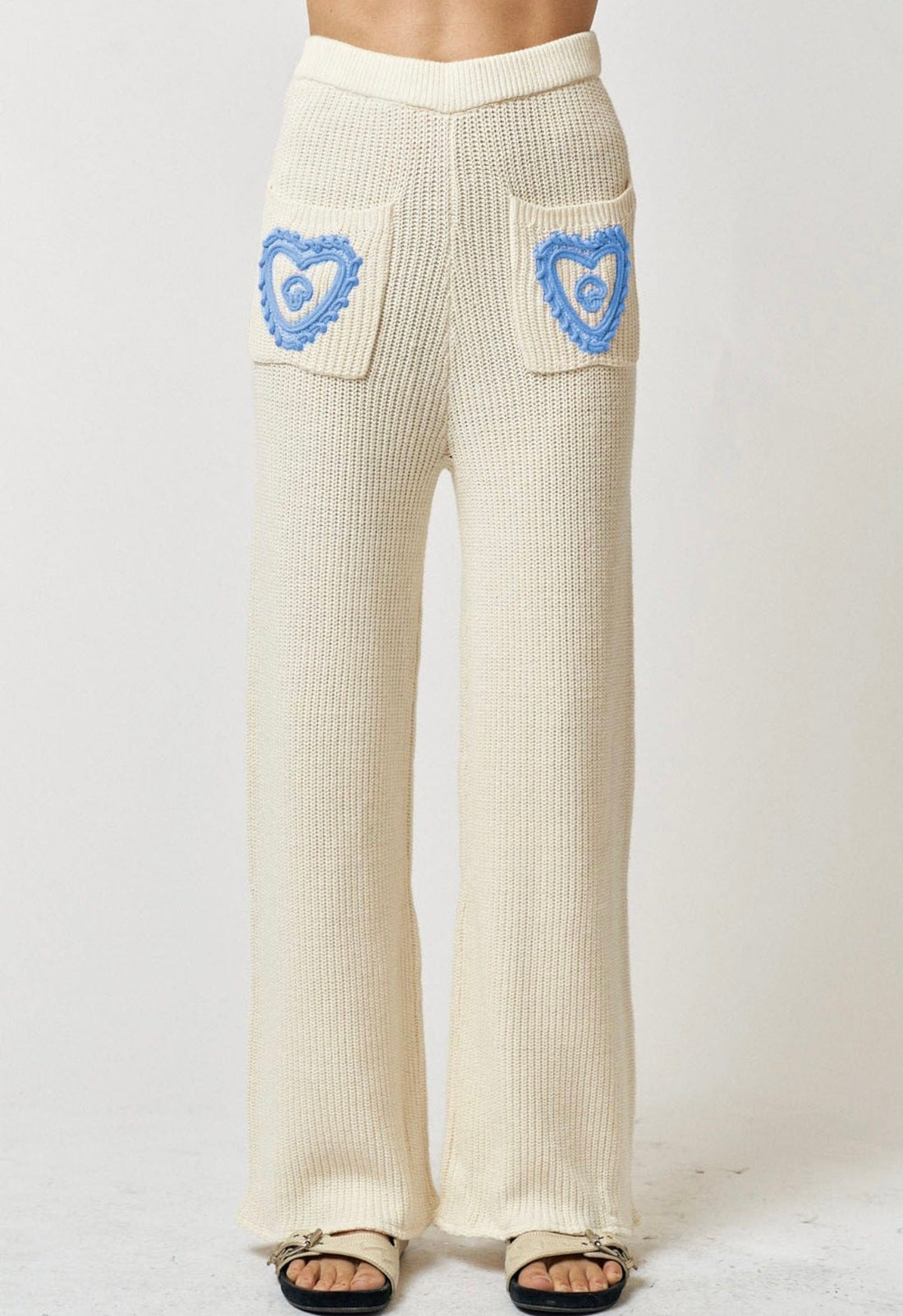 Pantalón Knit Cotton Crochet Ivory Azul Corazones Capri