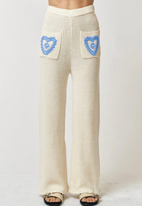 Pantalón Knit Cotton Crochet Ivory Azul Corazones Capri