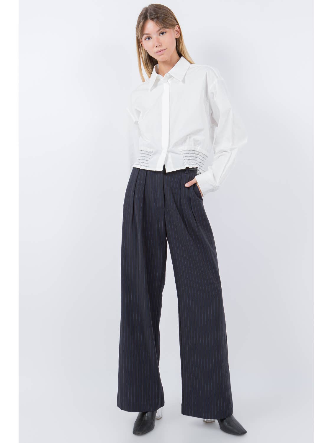 Pantalón Trouser Navy Stripes Straight Belted Bianca