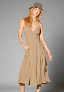Vestido Linen Olive Maxi Straps Pockets Elisa