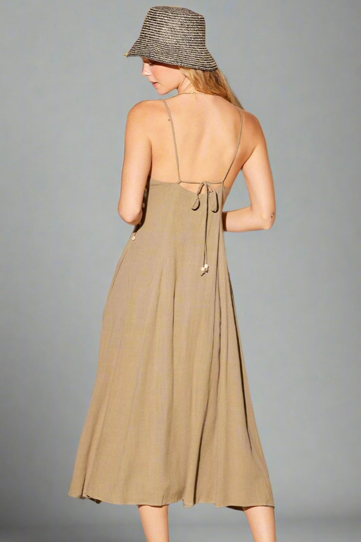 Vestido Linen Olive Maxi Straps Pockets Elisa
