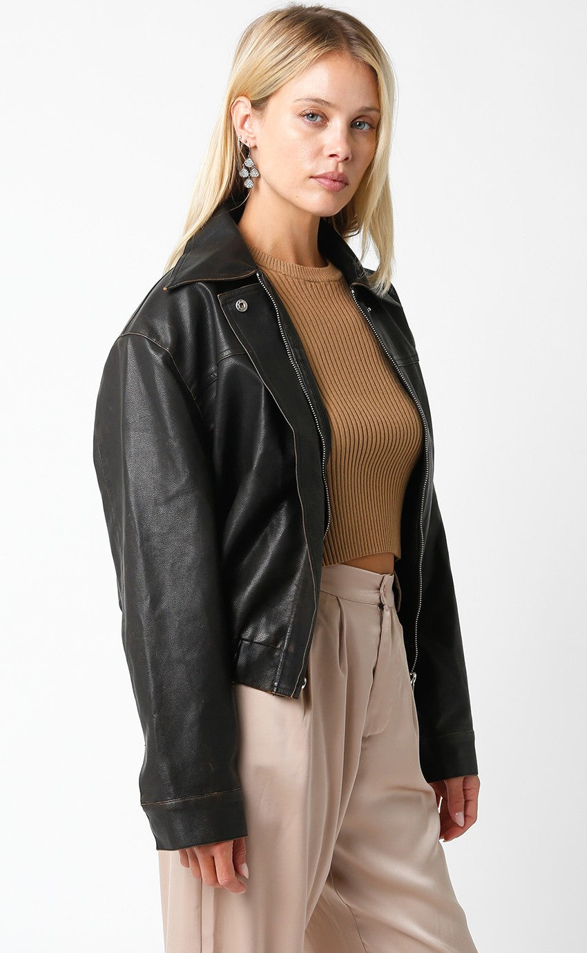 Chaqueta Cuero Bomber Dark Marrón Geri