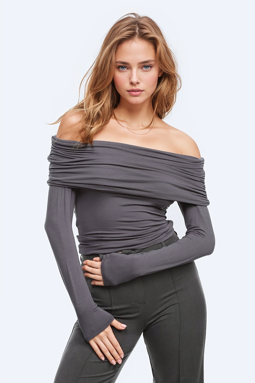 Top Off Shoulder Manga Larga Gris Torri