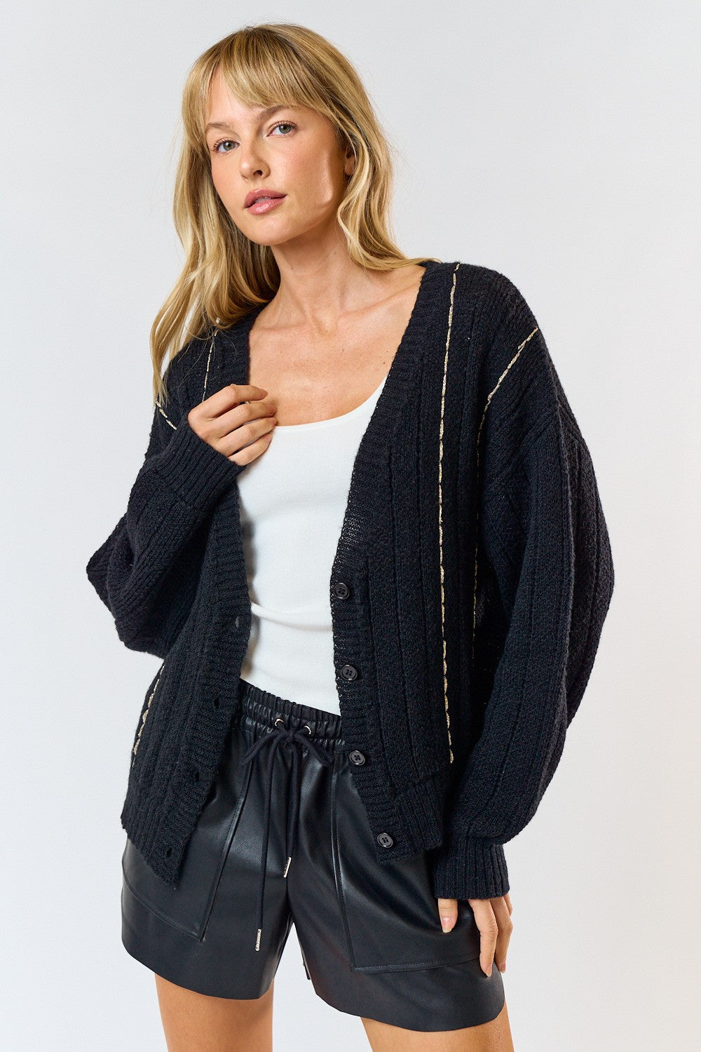 Suéter Cardigan Negro Knit Contrast Gold Bina