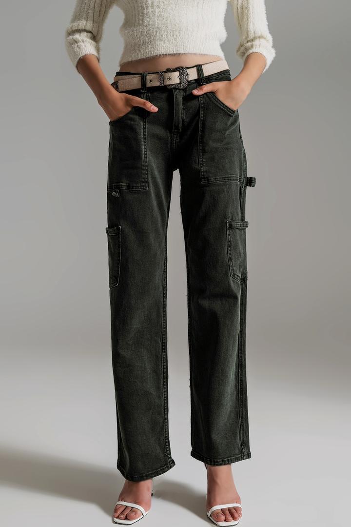 Pantalón Denim Straight Cargo Olive Caro