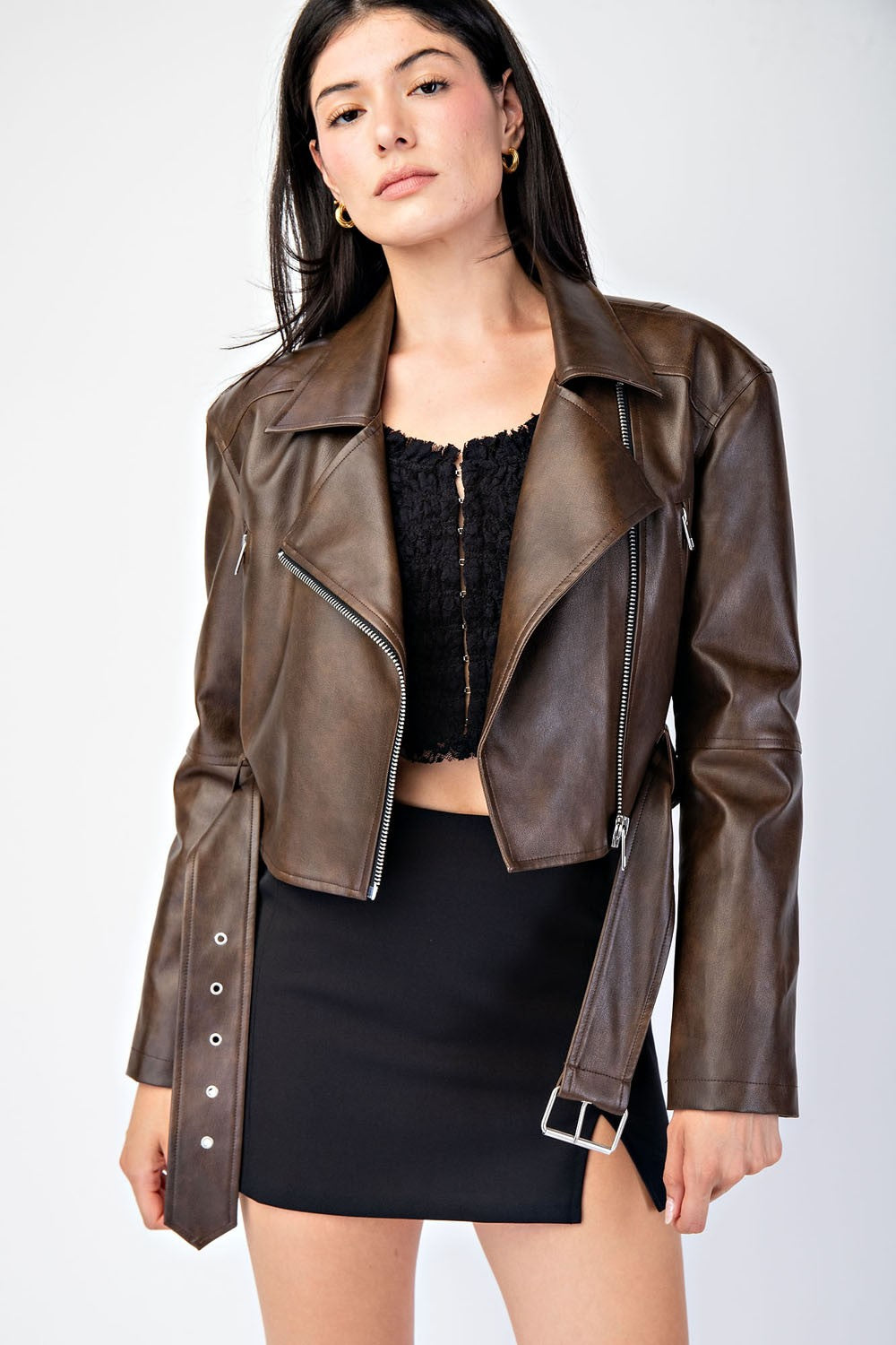 Chaqueta Cuero Biker Marrón Mocha Alexis