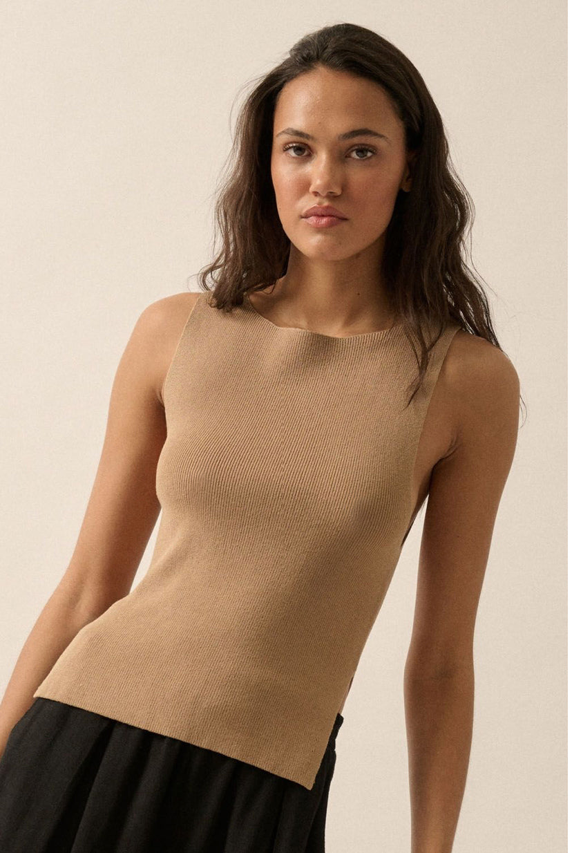 Top Taupe Básico Ribbed Side Slit Beth