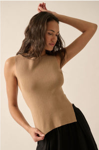 Top Taupe Básico Ribbed Side Slit Beth