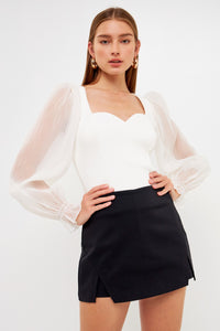 Camisa Ribbed  Blanca Manga Puff Sheer FINAL SALE